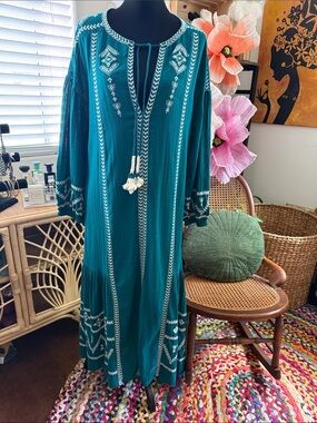 Zara Teal Embroidered Popover Boho Hippie Resort Chic Femme Kaftan Maxi Dress